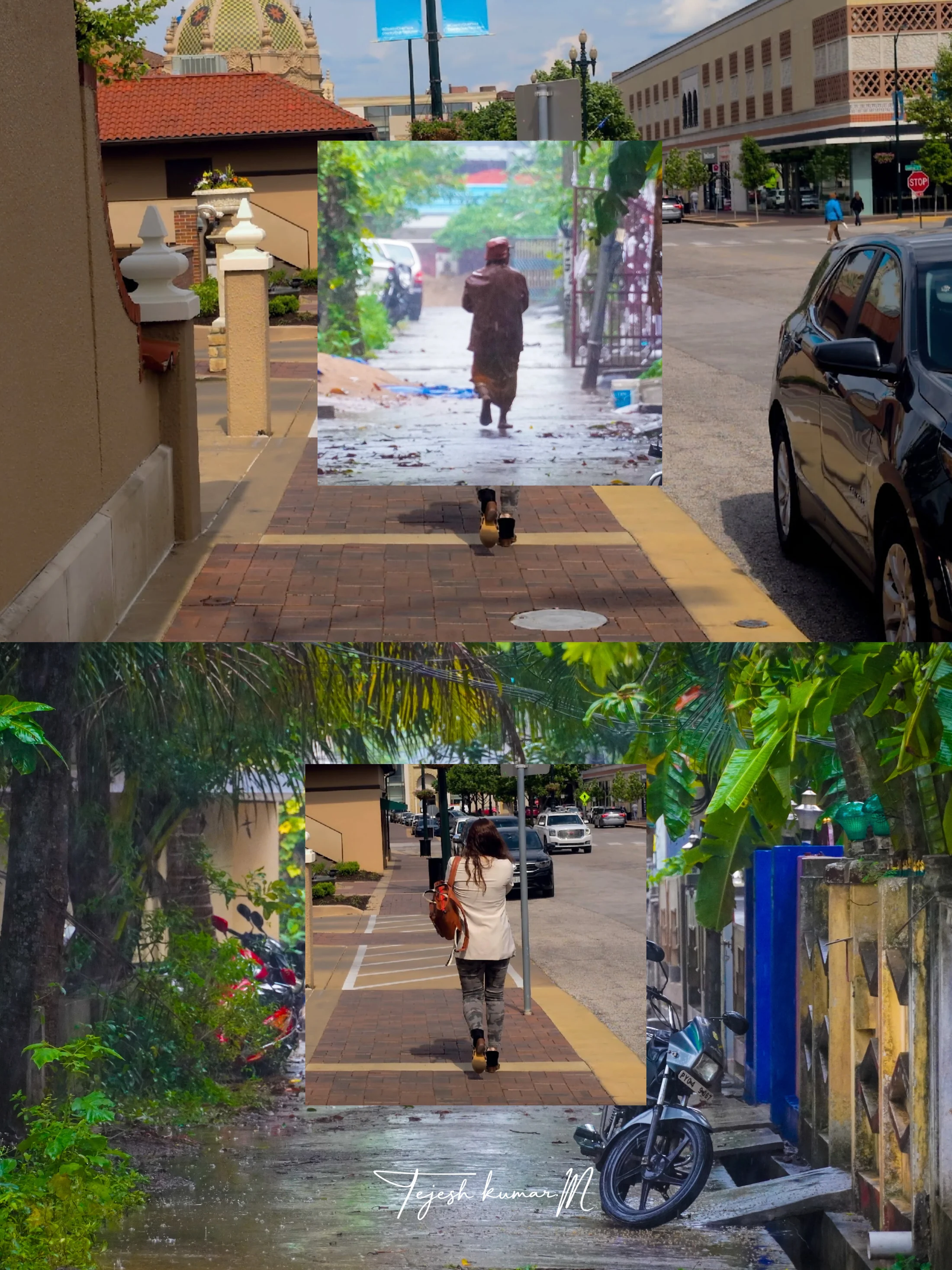 A two-part collage of a person walking on a city street