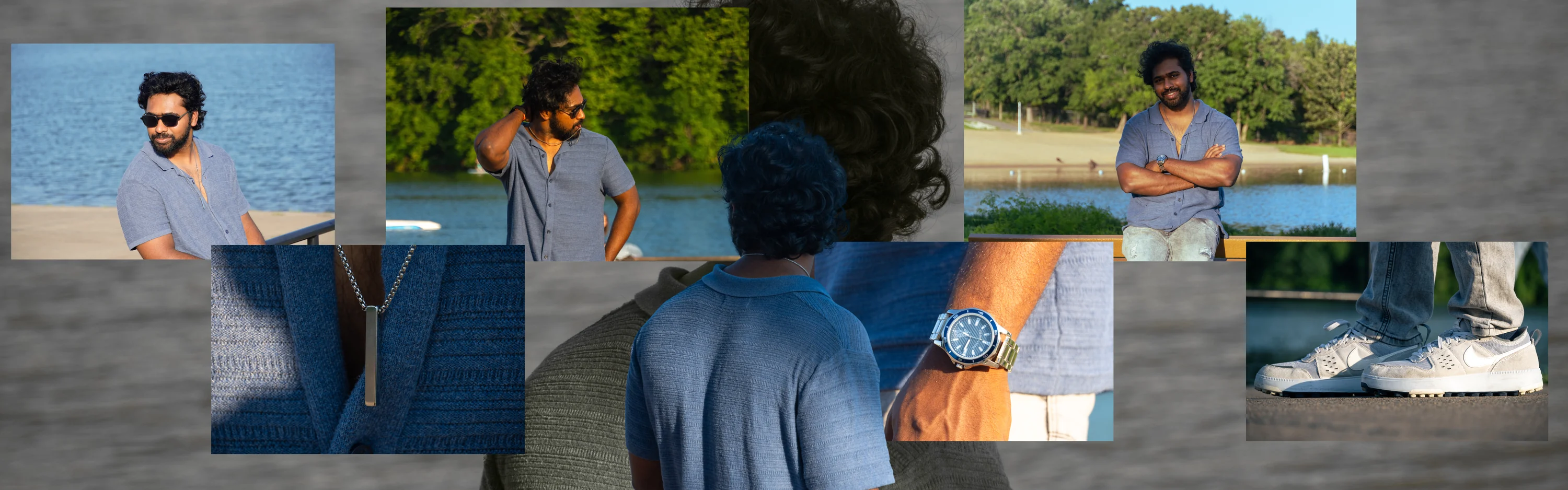 A panoramic triptych of people outdoors